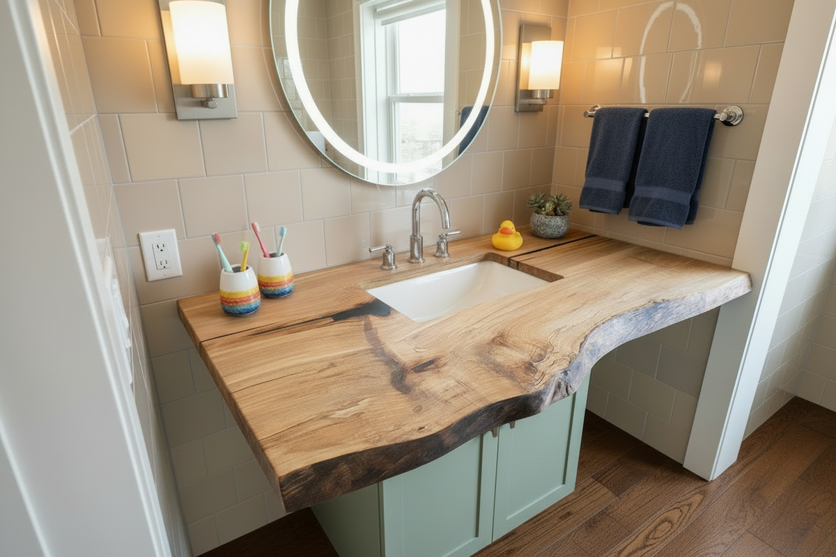 Wooden live edge spalted maple and ambrosia maple vanity top with a natural, rustic finish on a wooden floor.