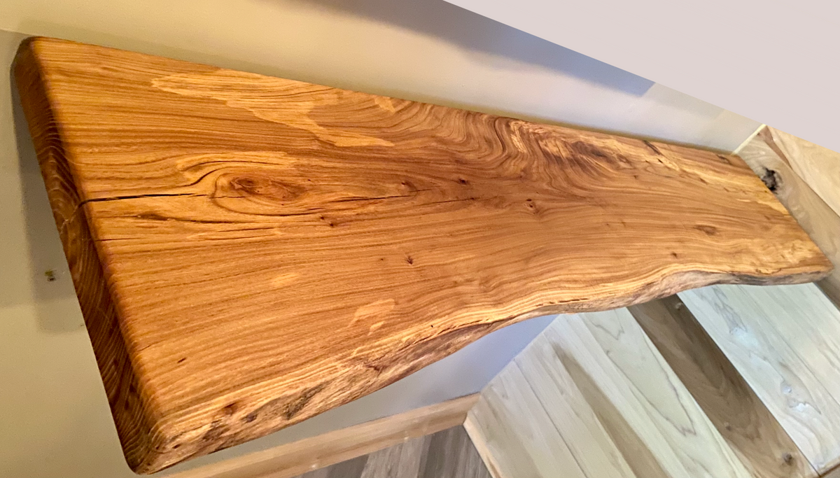 Custom live edge chestnut shelf with natural wood grain, handcrafted from solid maple. Ideal for rustic, modern, or farmhouse interiors.
