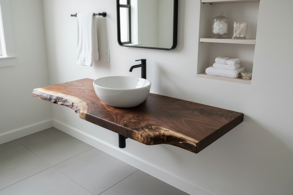 live edge walnut vanity top with a natural edge on a white surface