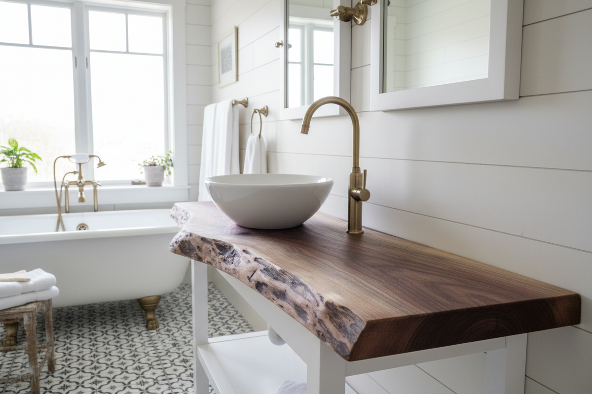 live edge walnut vanity top in a bathroom setting