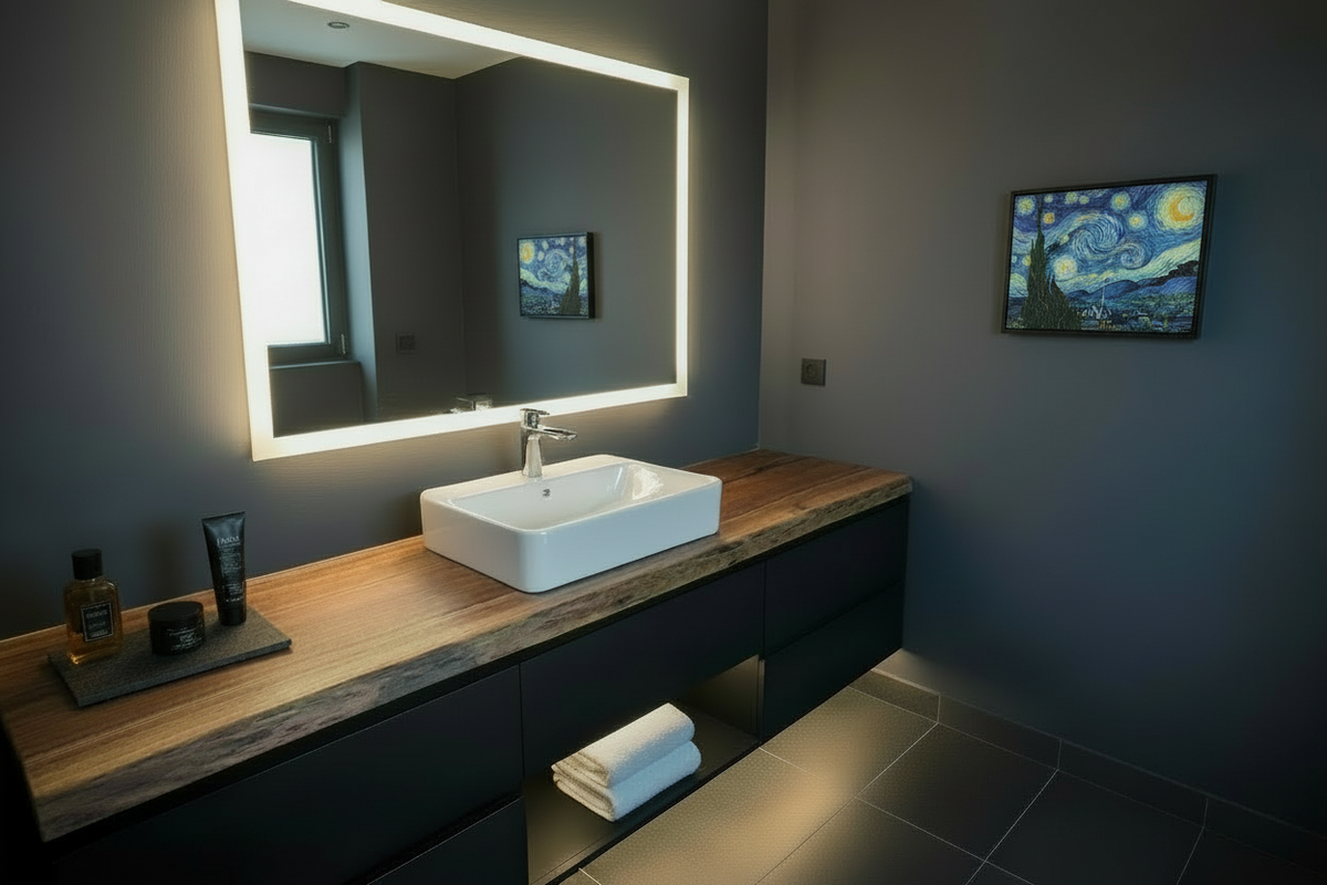 live edge walnut vanity top in a bathroom setting