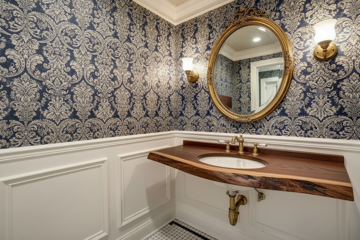 live edge walnut vanity top in a bathroom setting