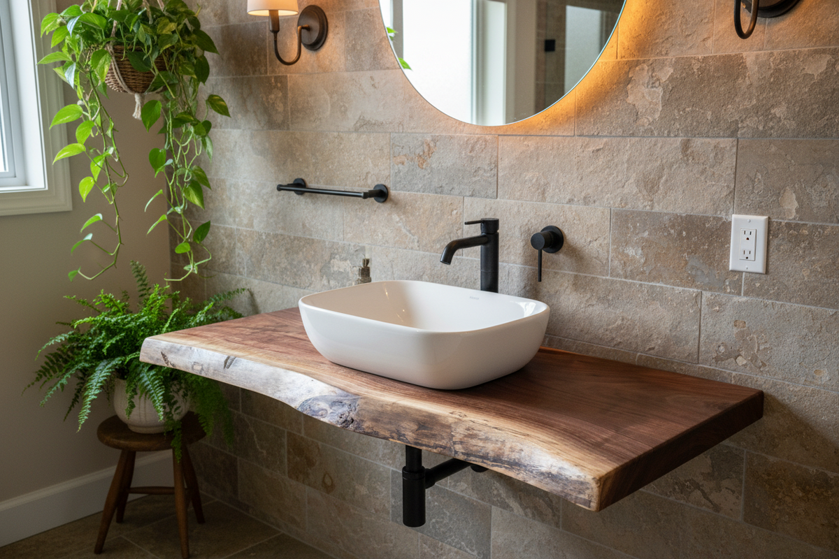 live edge walnut vanity top with a natural edge on a light background
