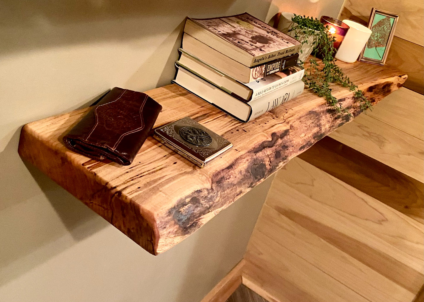 In Stock Live Edge Ambrosia Maple Wood Floating Shelf|Wormy Maple Natural Edge Wood Shelf|Curly Maple Live Edge Rustic Wood Display Shelf