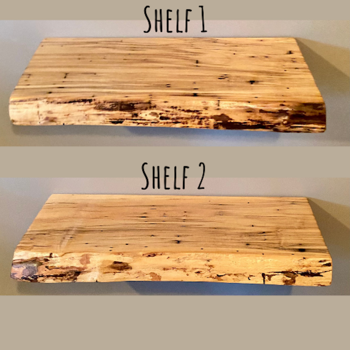 Two live edge maple wood shelves labeled 'Shelf 1' and 'Shelf 2' on a plain background.