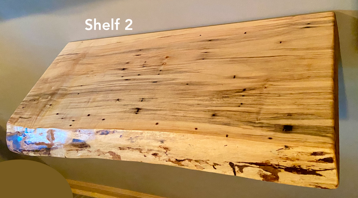 Live edge ambrosia maple floating shelf with live edge and natural grain pattern mounted on wall.