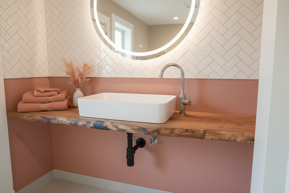 live edge chestnut vanity top in a bathroom setting