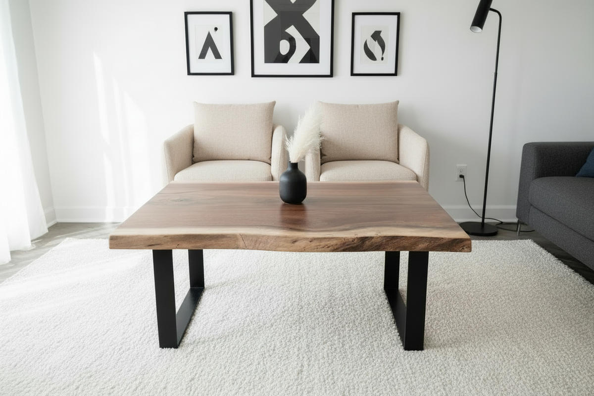 Live edge walnut wood slab coffee table top with a natural grain pattern on a wooden floor.