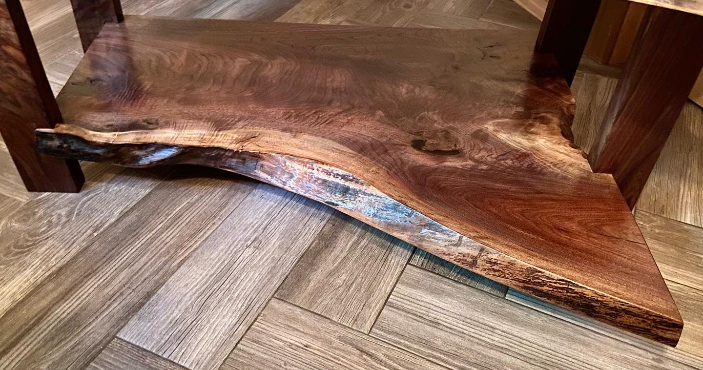 Live Edge Walnut Coffee Table and End Tables Set with Complimentary Live Edge Shelves (SOLD)