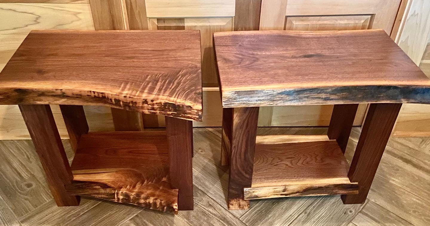 Live Edge Walnut Coffee Table and End Tables Set with Complimentary Live Edge Shelves (SOLD)