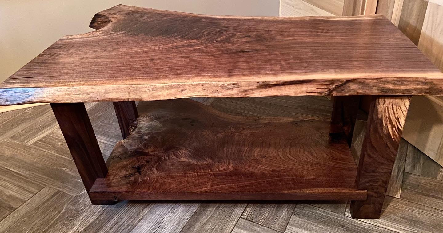 Live Edge Walnut Coffee Table and End Tables Set with Complimentary Live Edge Shelves (SOLD)