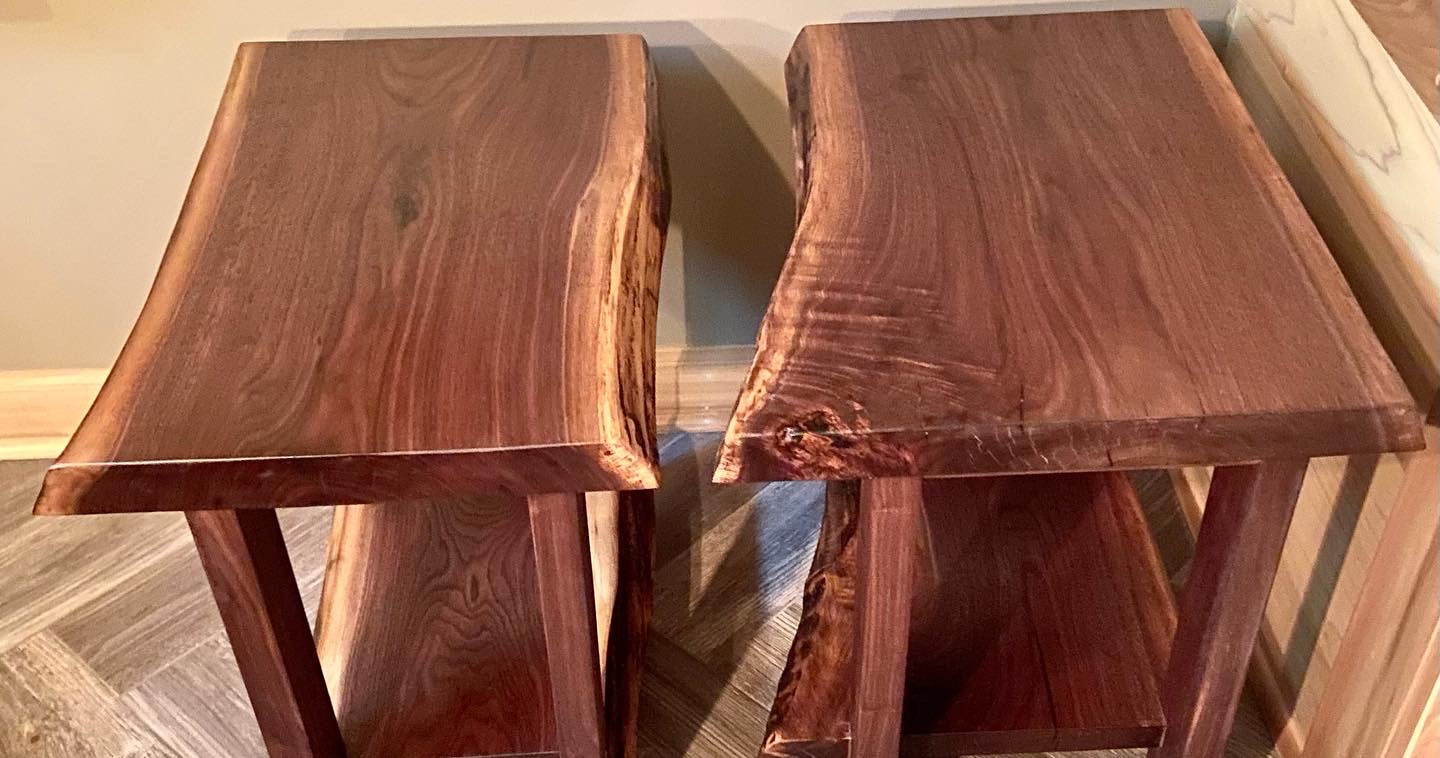 Live Edge Walnut Coffee Table and End Tables Set with Complimentary Live Edge Shelves (SOLD)