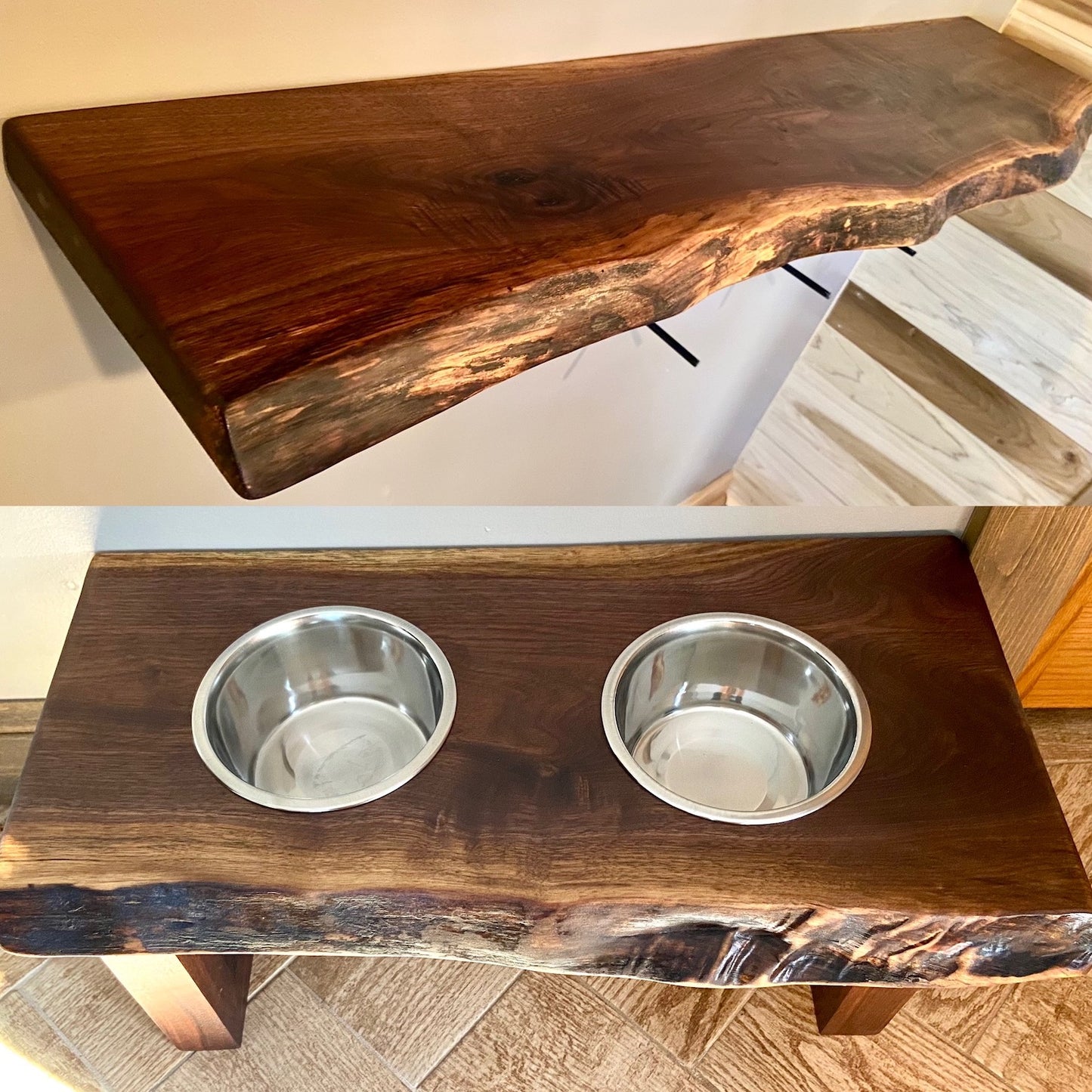 Live Edge Walnut Shelf and Pet Stand from the Same Slab