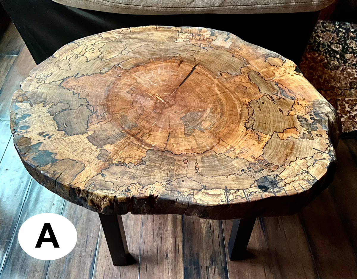 Round Wafer Natural Raw Edge Spalted Maple Accent Tables*Contemporary Rustic Live Edge Wormy Maple End Tables*Spalted Maple Accent Table Set