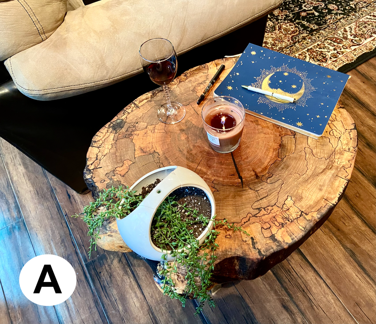 Round Wafer Natural Raw Edge Spalted Maple Accent Tables*Contemporary Rustic Live Edge Wormy Maple End Tables*Spalted Maple Accent Table Set