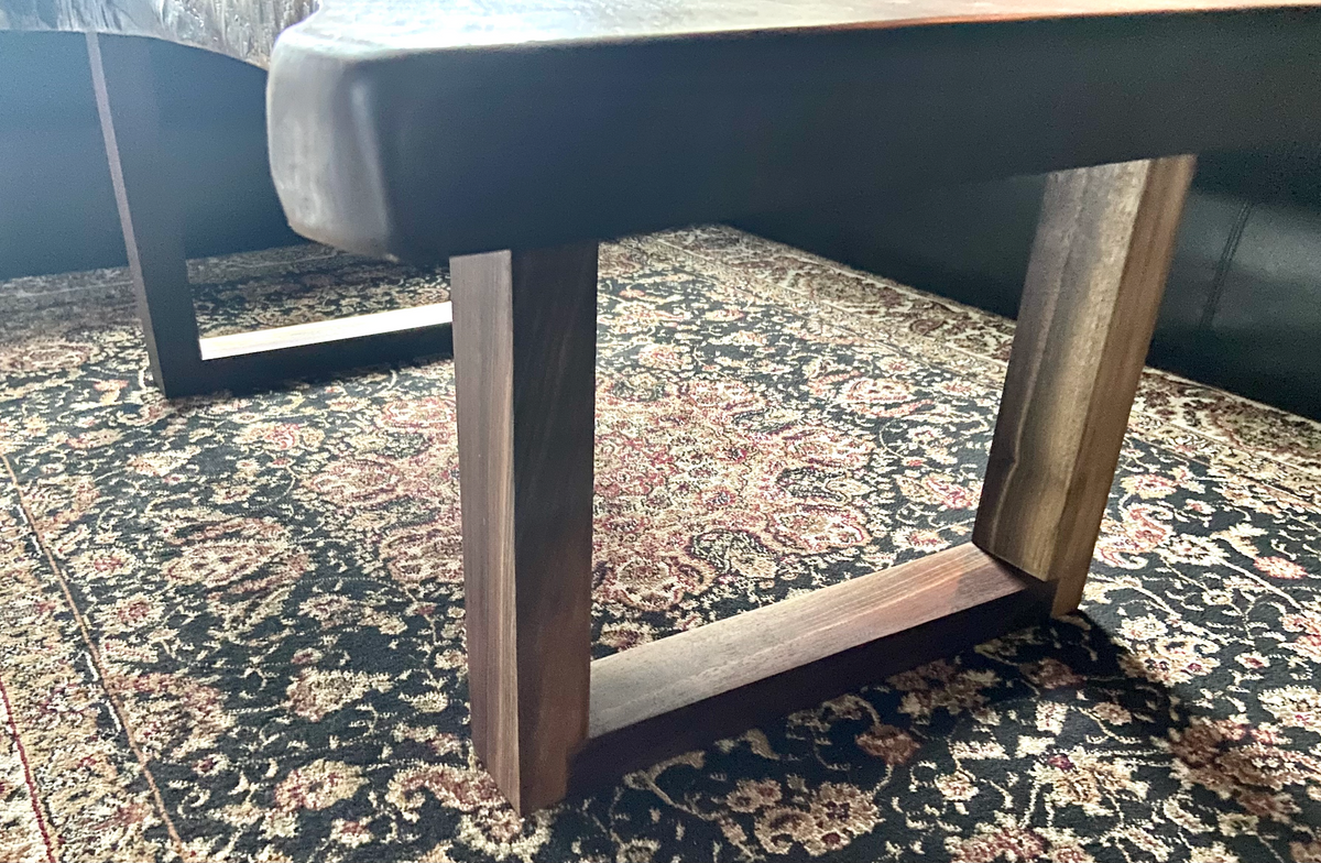 Beautiful live edge walnut coffee table with handcrafted square walnut legs from the same tree to complement.