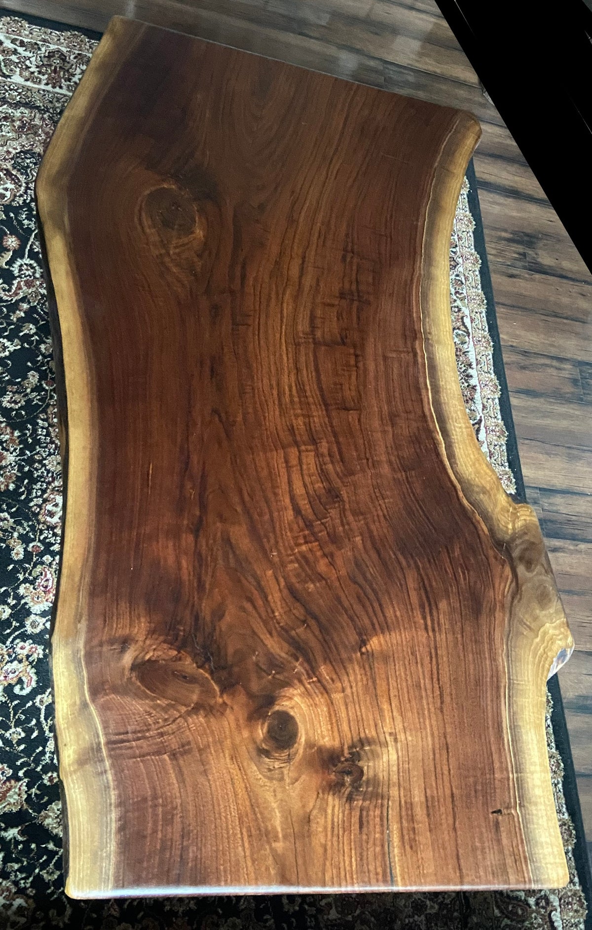 Beautiful live edge walnut coffee table with handcrafted square walnut legs from the same tree to complement.
