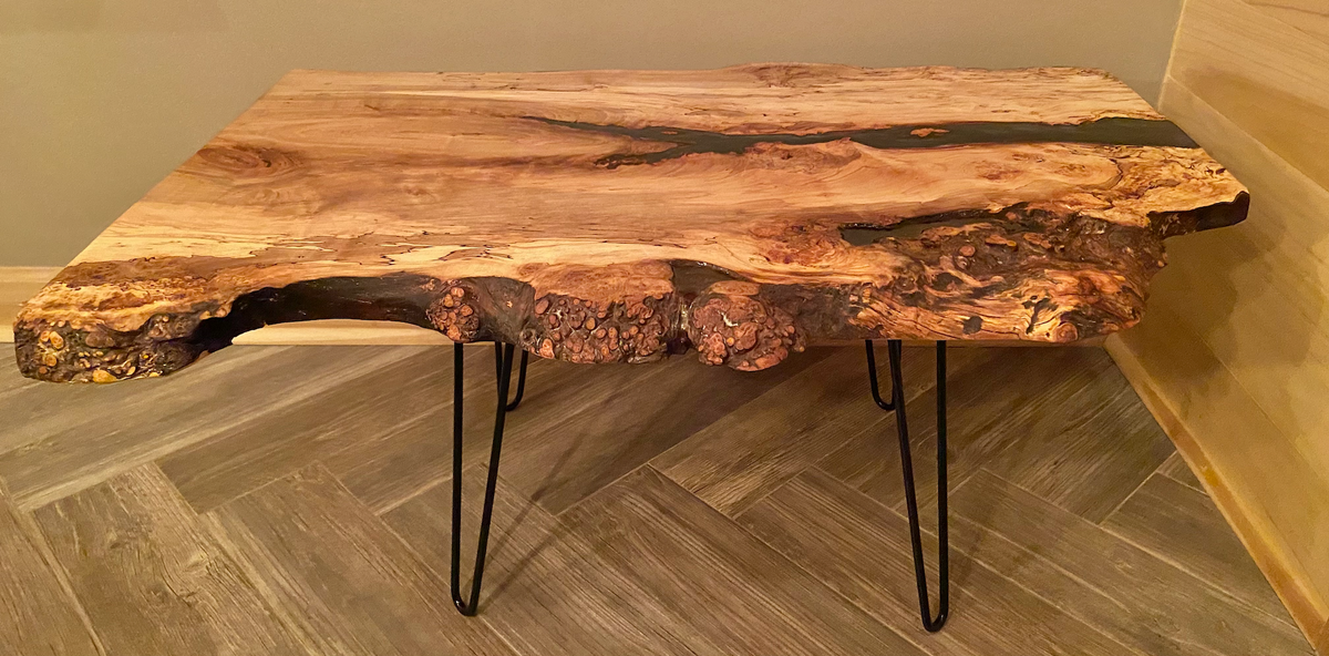 Wide Live Edge Spalted and Bird's Eye Maple with Smokey Black Epoxy Pour