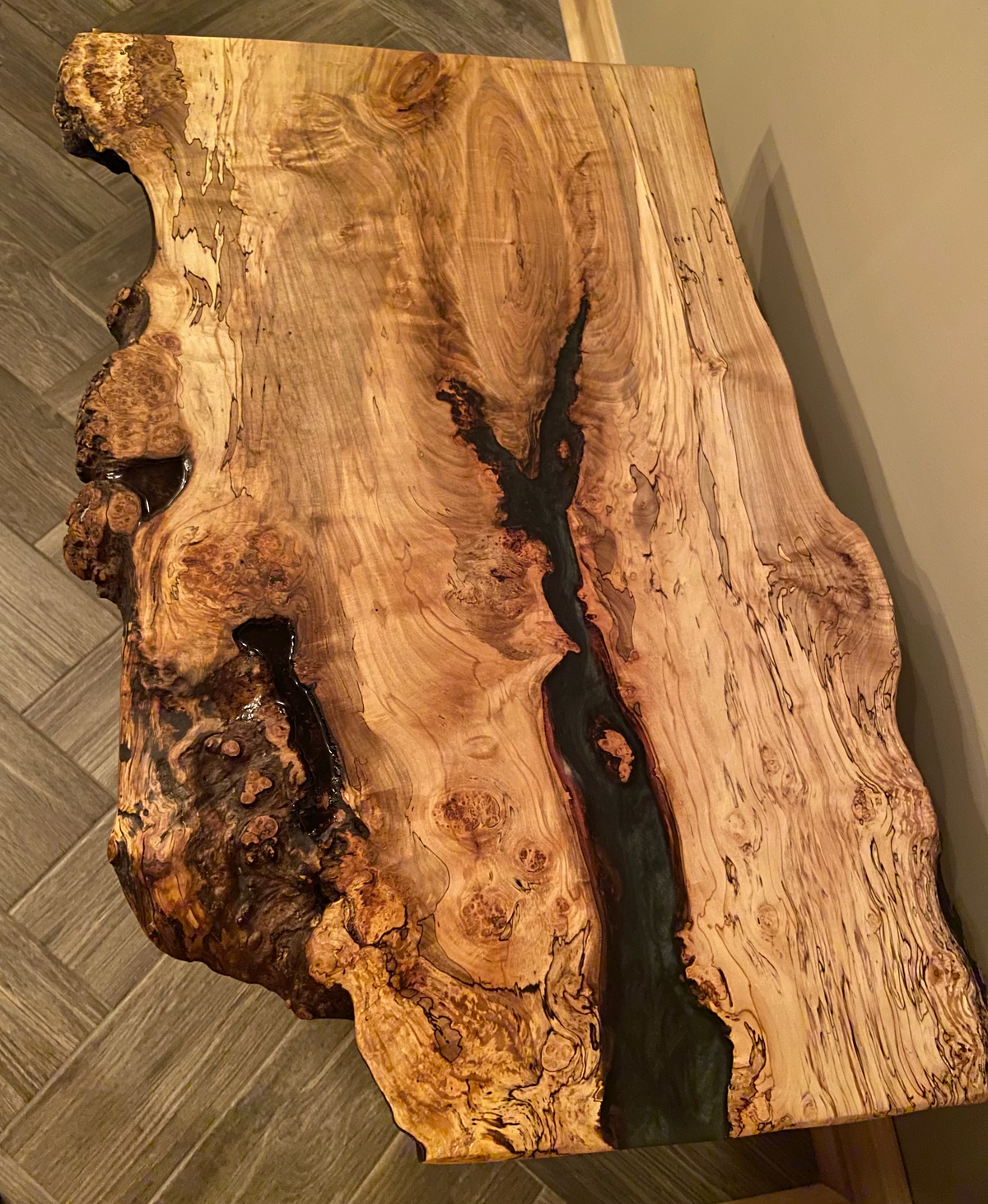 Wide Live Edge Spalted and Bird's Eye Maple with Smokey Black Epoxy Pour