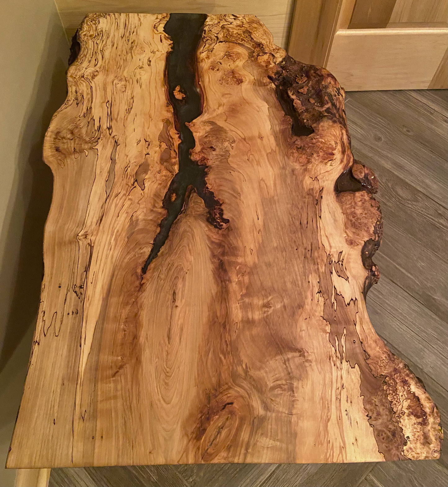 Wide Live Edge Spalted and Bird's Eye Maple with Smokey Black Epoxy Pour