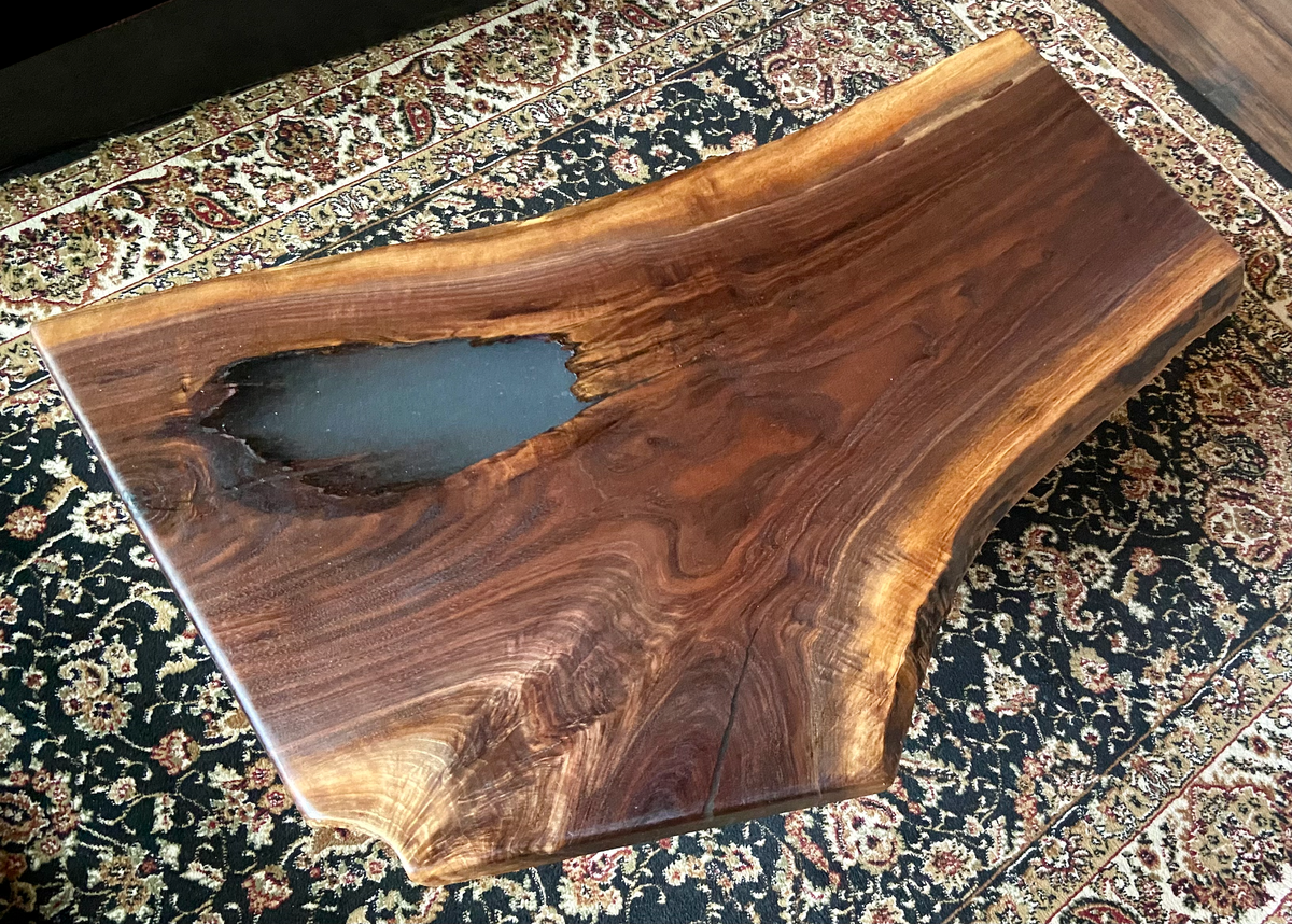 Mid-Size Live Edge Walnut Coffee Table w/ Beautiful Grain Patterns and Natural Fork, Natural Edge Walnut Coffee Table, Live Edge Side Table