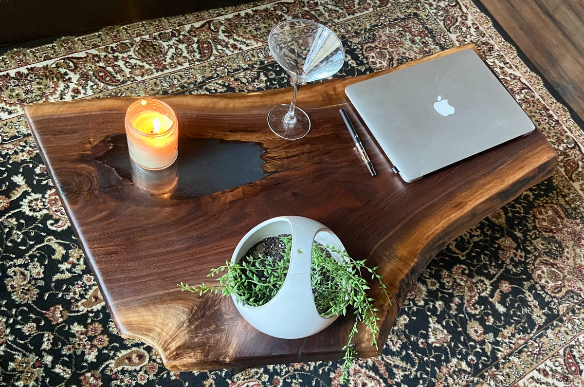 Mid-Size Live Edge Walnut Coffee Table w/ Beautiful Grain Patterns and Natural Fork, Natural Edge Walnut Coffee Table, Live Edge Side Table