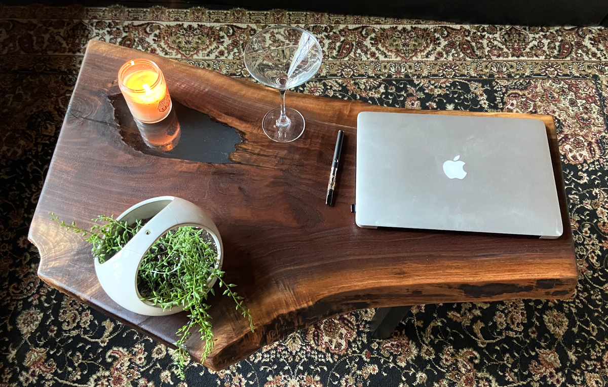 Mid-Size Live Edge Walnut Coffee Table w/ Beautiful Grain Patterns and Natural Fork, Natural Edge Walnut Coffee Table, Live Edge Side Table