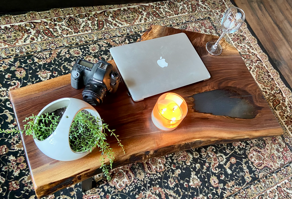 Mid-Size Live Edge Walnut Coffee Table w/ Beautiful Grain Patterns and Natural Fork, Natural Edge Walnut Coffee Table, Live Edge Side Table