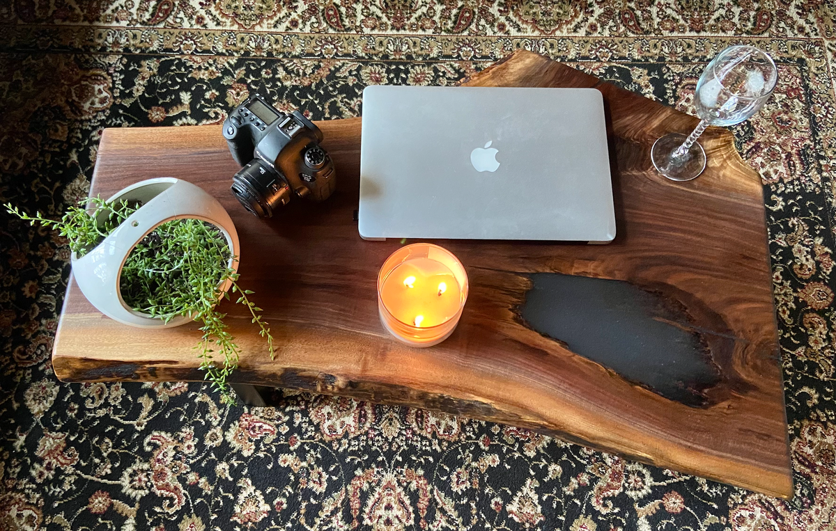 Mid-Size Live Edge Walnut Coffee Table w/ Beautiful Grain Patterns and Natural Fork, Natural Edge Walnut Coffee Table, Live Edge Side Table