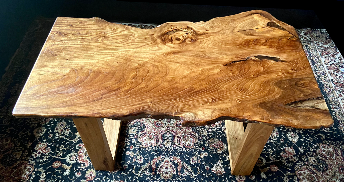 Burl Chestnut Coffee Table w/ Custom Chestnut Wood Legs