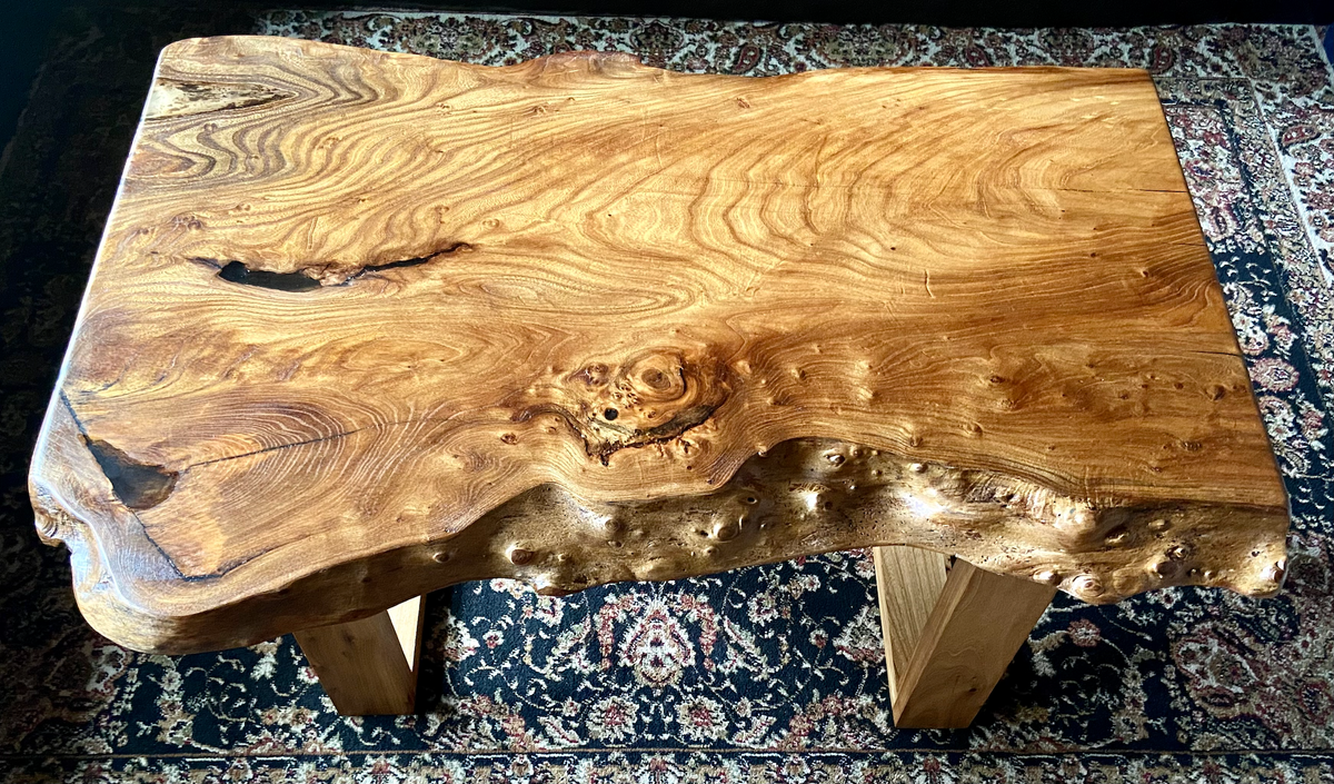 Burl Chestnut Coffee Table w/ Custom Chestnut Wood Legs