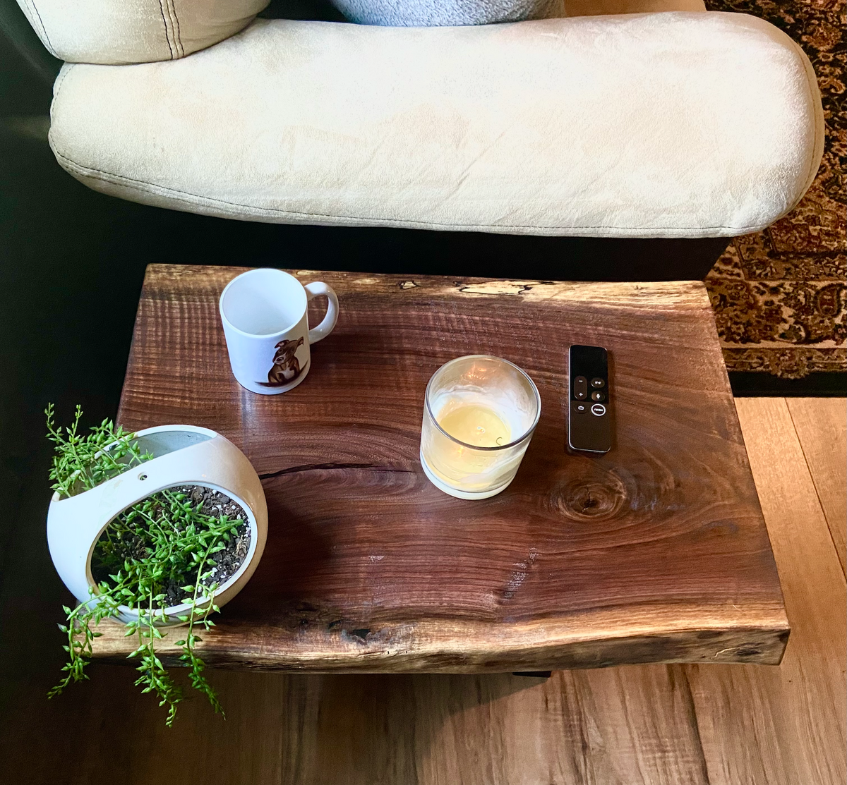 This smaller but stunning curly and spalted black walnut live edge end table