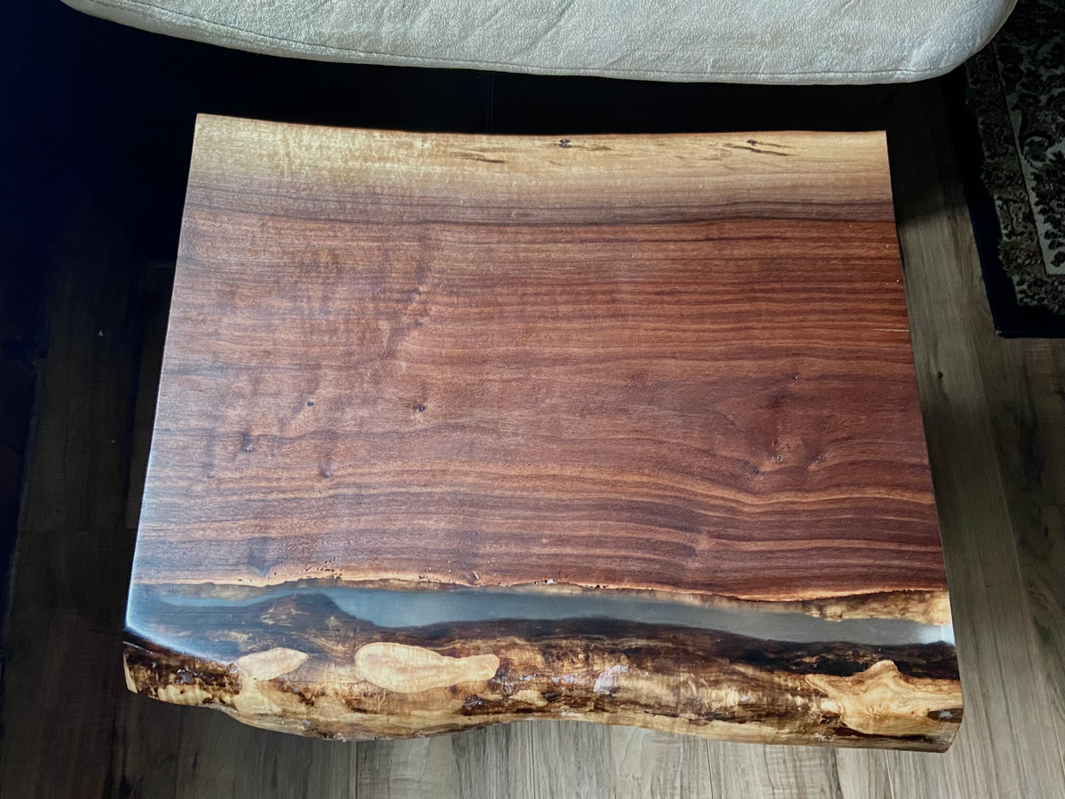 Ultra Unique Square Live Edge Walnut End Table with Clear Epoxy Resin and Half Log