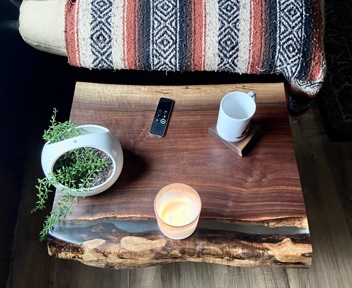 Ultra Unique Square Live Edge Walnut End Table with Half Log