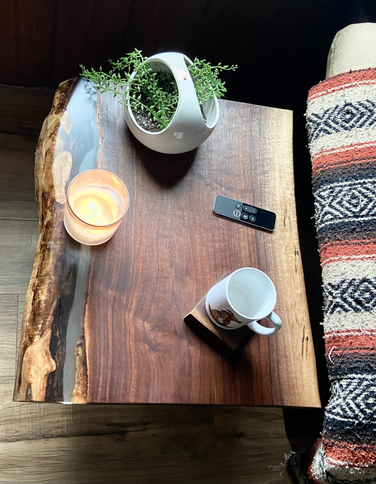 Ultra Unique Square Live Edge Walnut End Table with Clear Epoxy Resin and Half Log