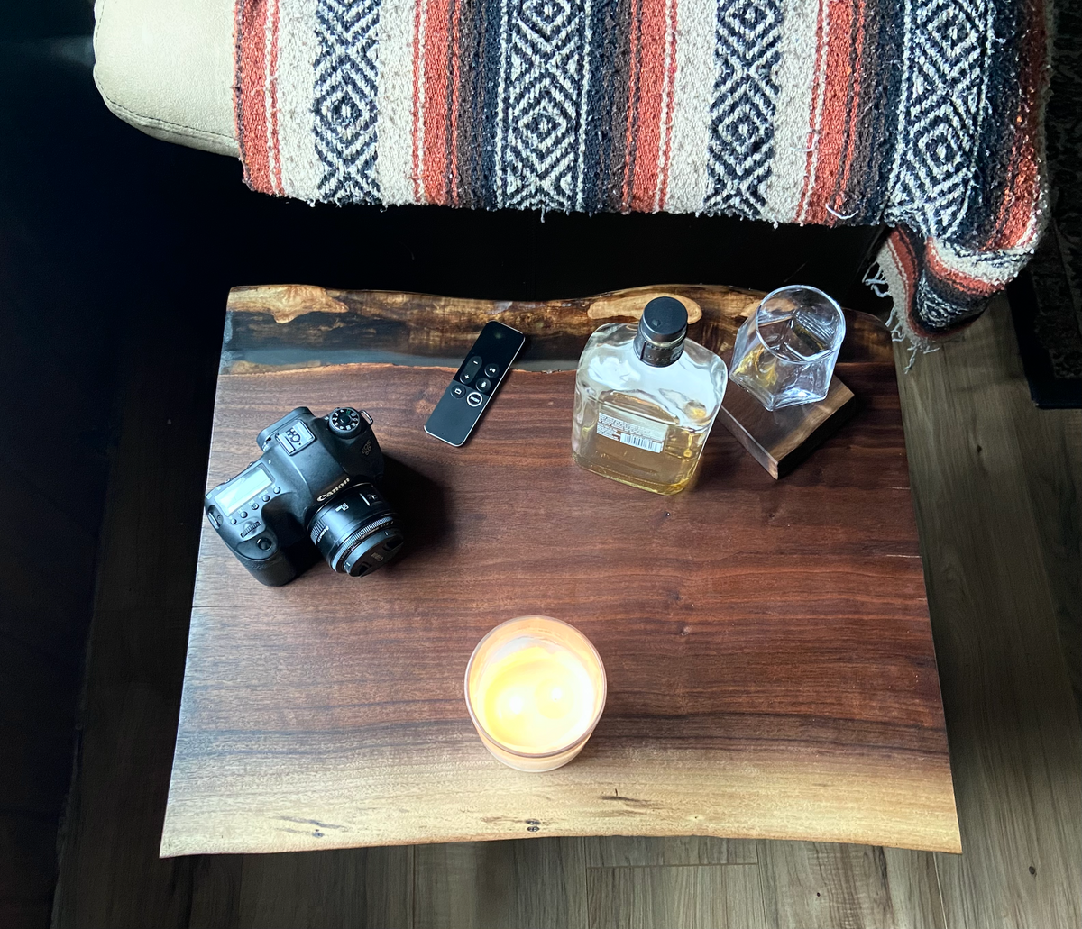Ultra Unique Square Live Edge Walnut End Table with Clear Epoxy Resin and Half Log