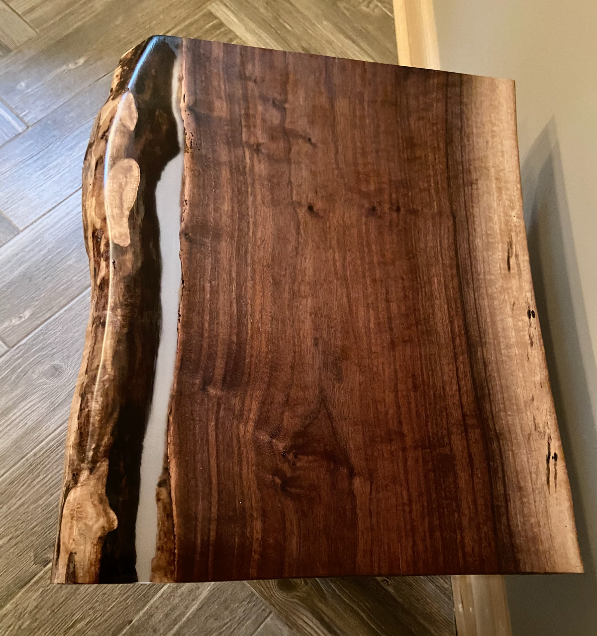 Ultra Unique Square Live Edge Walnut End Table with Clear Epoxy Resin and Half Log