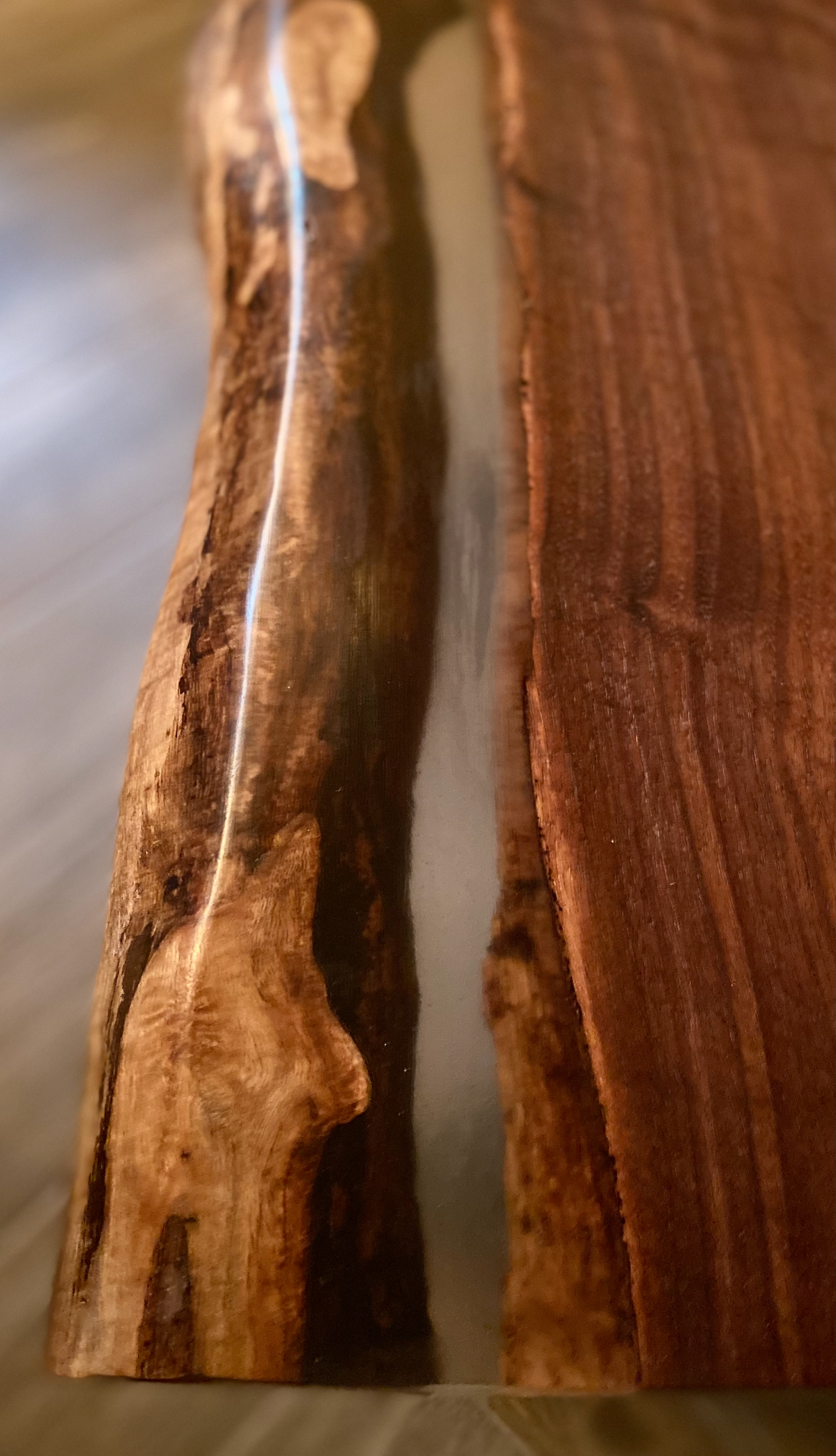 Ultra Unique Square Live Edge Walnut End Table with Clear Epoxy Resin and Half Log
