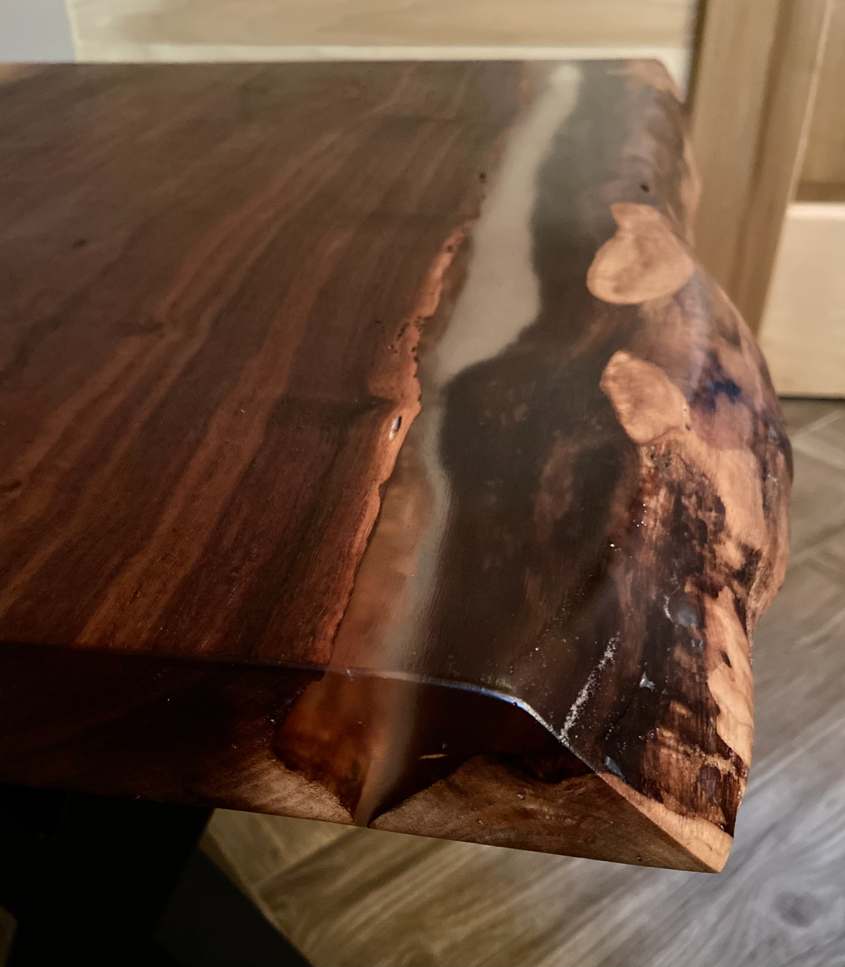 Ultra Unique Square Live Edge Walnut End Table with Clear Epoxy Resin and Half Log