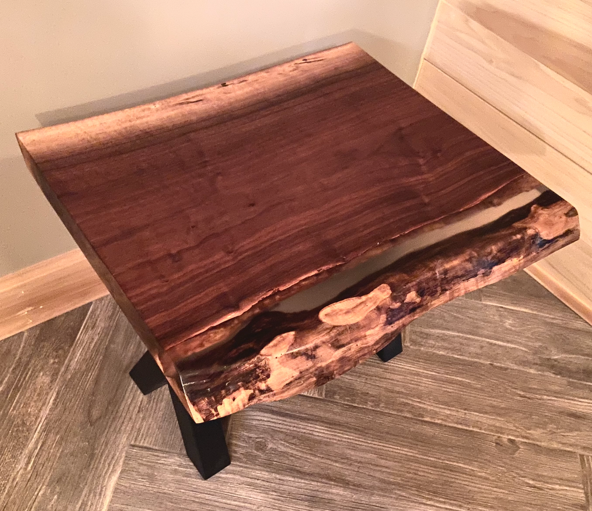 Ultra Unique Square Live Edge Walnut End Table with Clear Epoxy Resin and Half Log