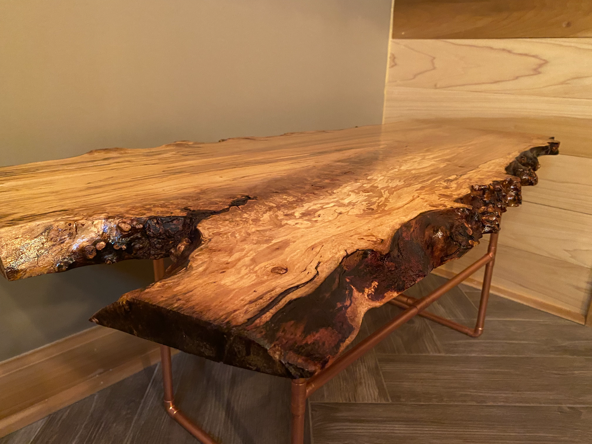 Gorgeously Raw Live Edge Spalted Maple Table with Natural Fork