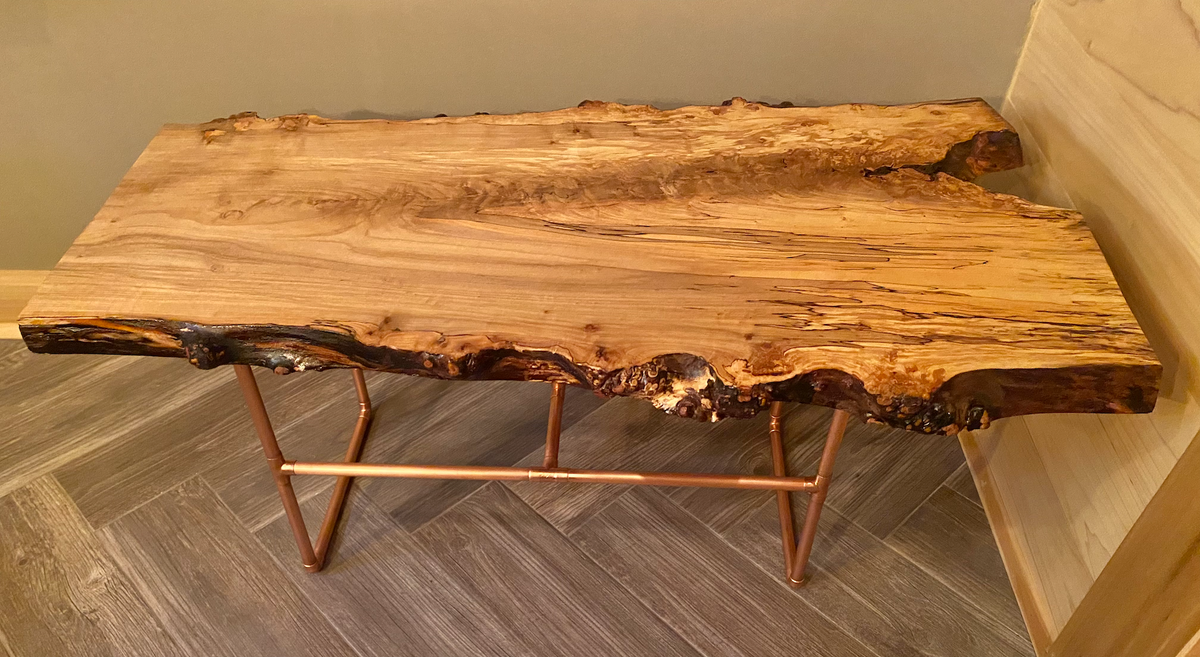 Gorgeously Raw Live Edge Spalted Maple Table with Natural Fork