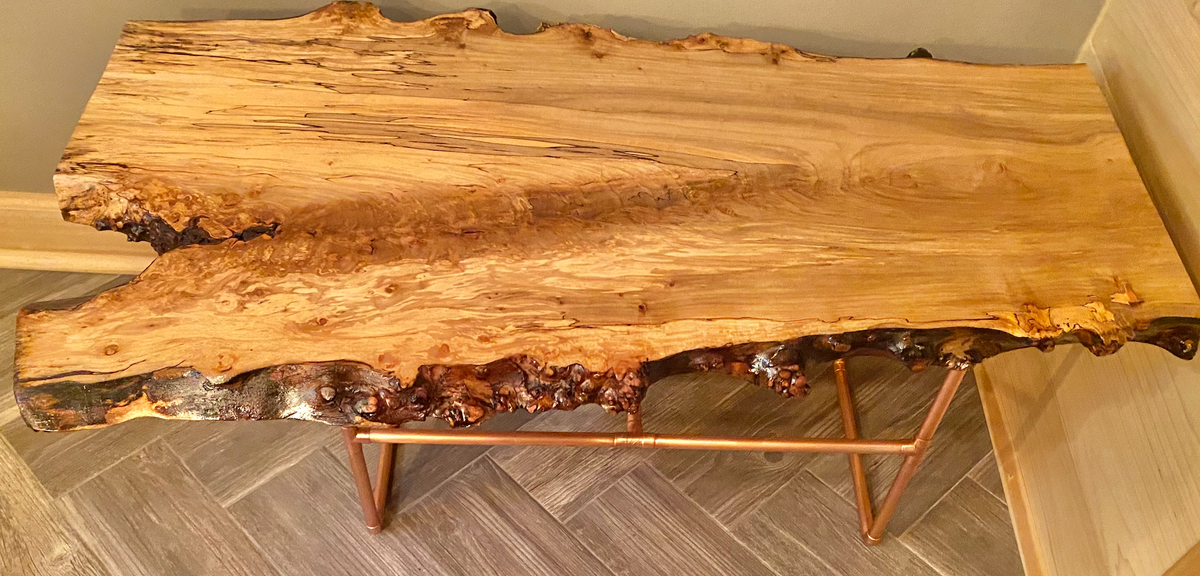 Gorgeously Raw Live Edge Spalted Maple Table with Natural Fork