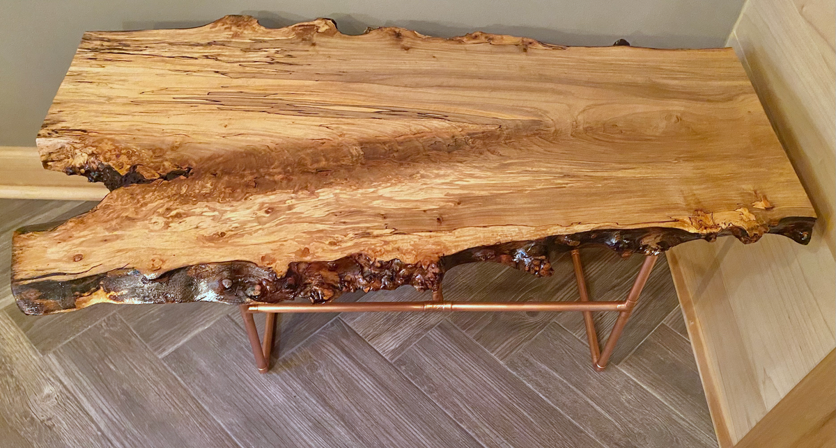 Gorgeously Raw Live Edge Spalted Maple Table with Natural Fork