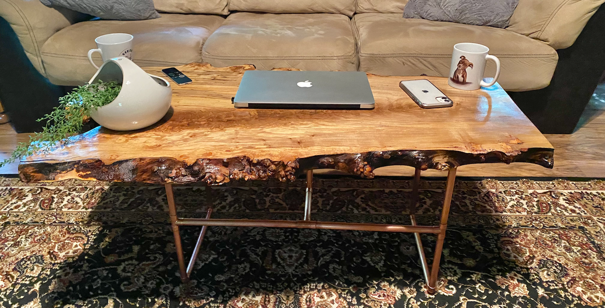 Gorgeously Raw Live Edge Spalted Maple Table with Natural Fork