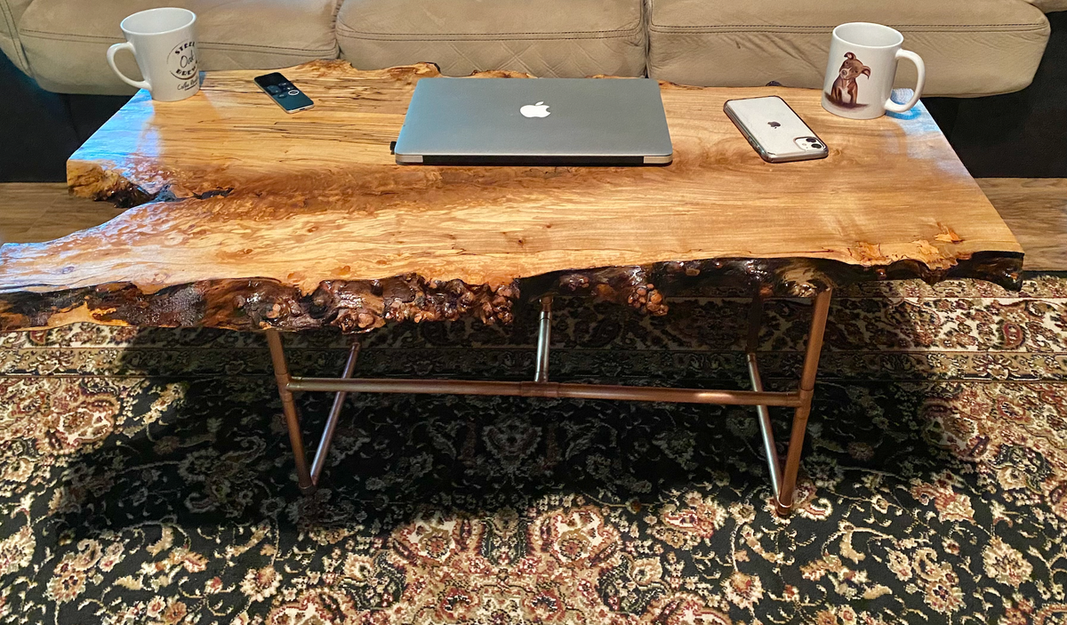 Gorgeously Raw Live Edge Spalted Maple Table with Natural Fork