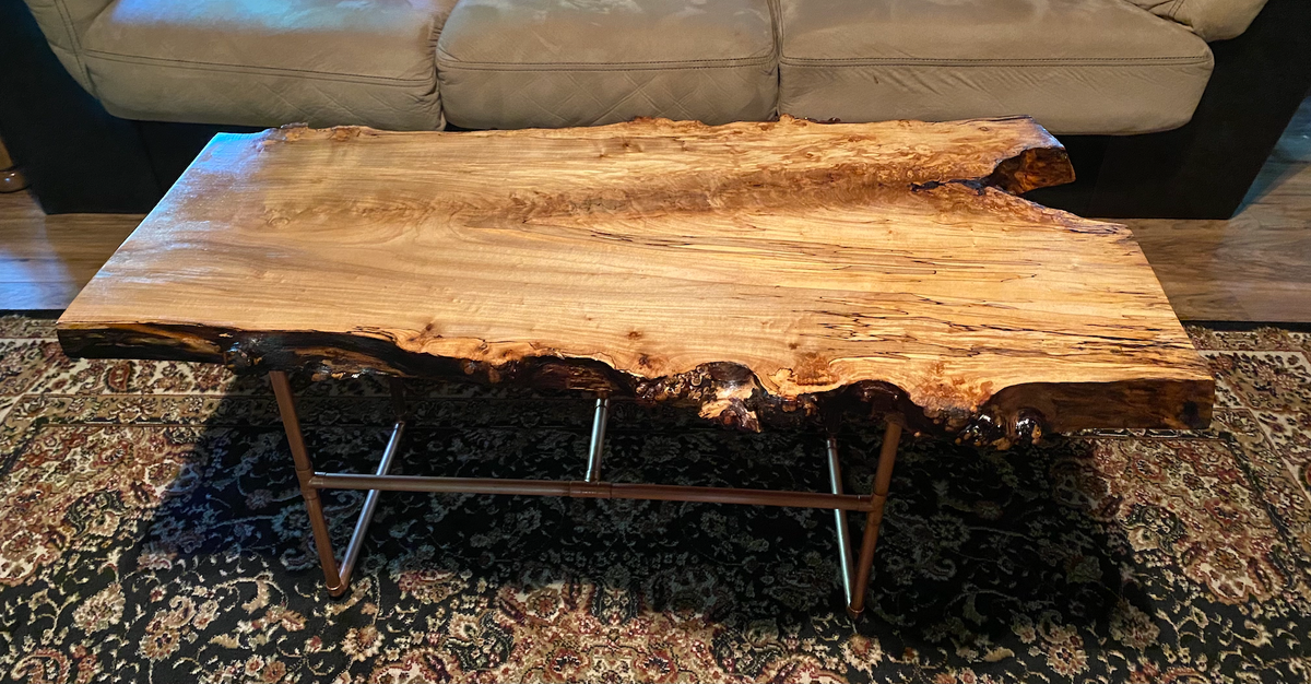 Gorgeously Raw Live Edge Spalted Maple Table with Natural Fork