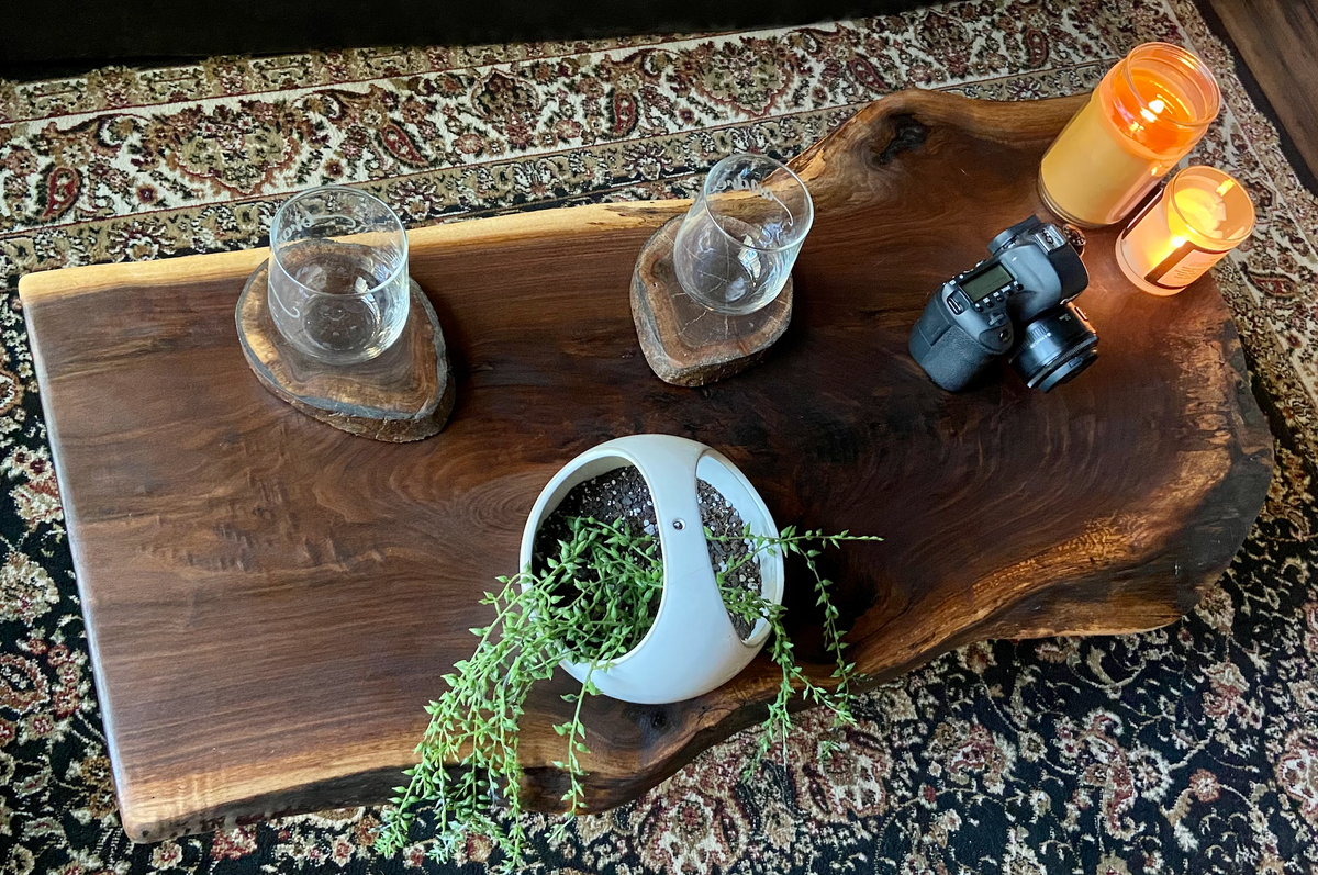 Stunning Live Edge Black Walnut Wood Coffee Table w/ Naturally Gorgeous Grain Patterns and Unique Shape
