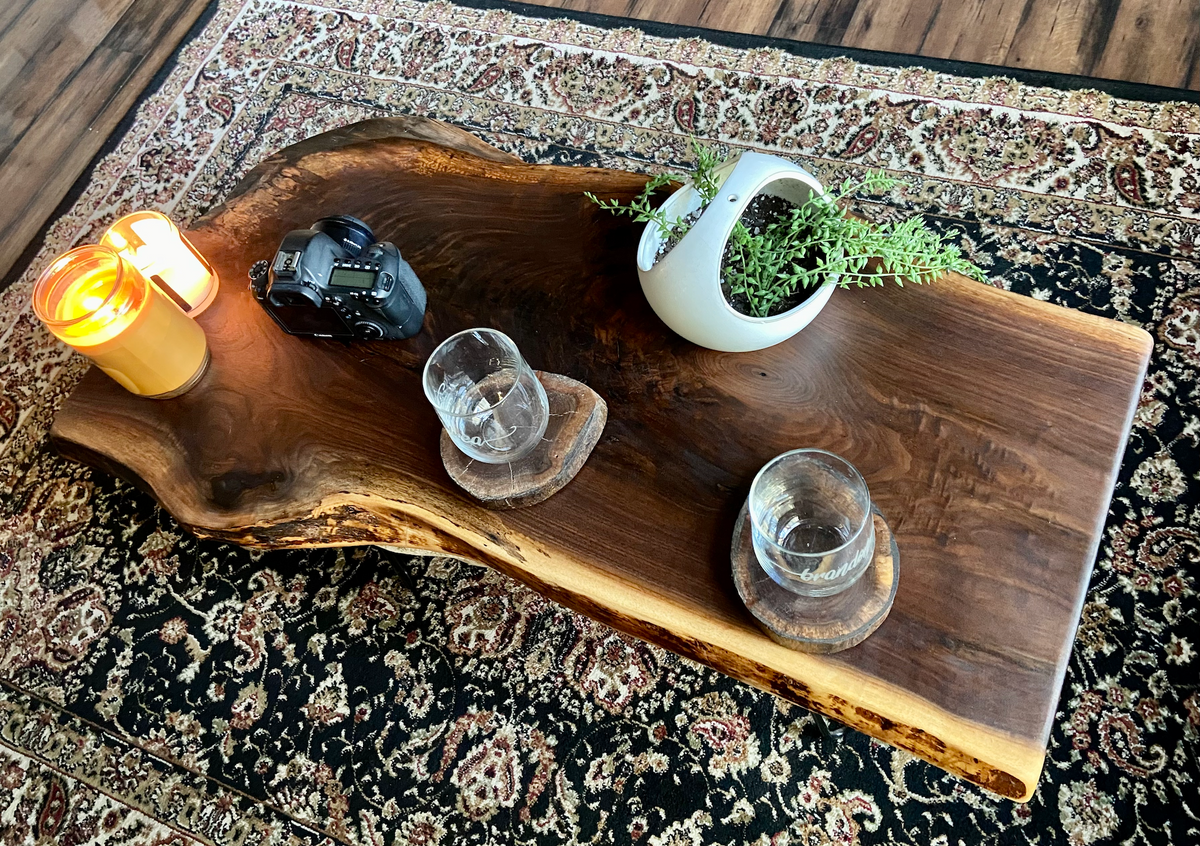 Stunning Live Edge Black Walnut Wood Coffee Table w/ Naturally Gorgeous Grain Patterns and Unique Shape