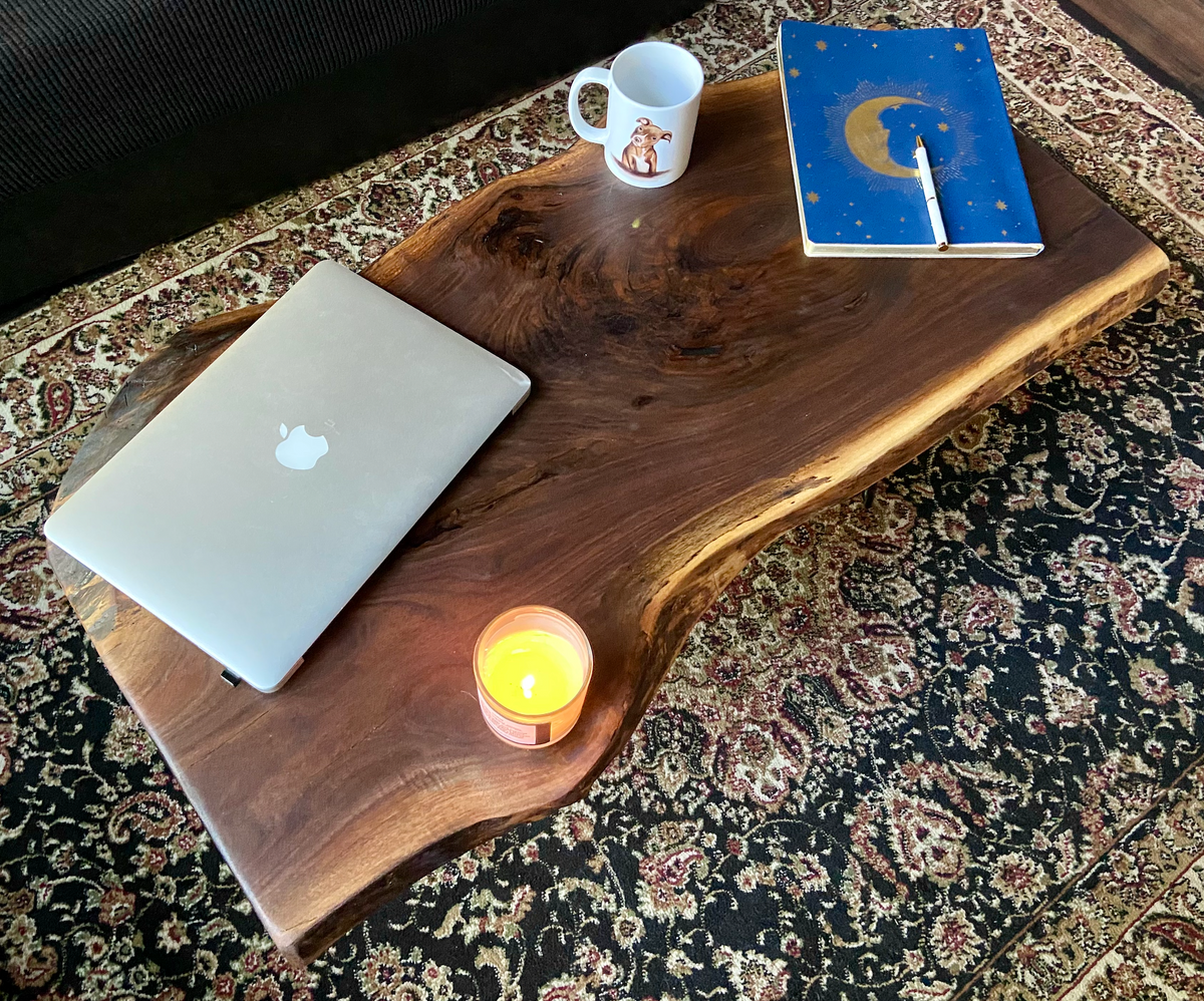Stunning Live Edge Black Walnut Wood Coffee Table w/ Naturally Gorgeous Grain Patterns and Unique Shape